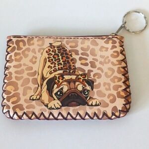 PUG w/ Leopard Printed COIN PURSE / WALLET Zipper Vegan Leather